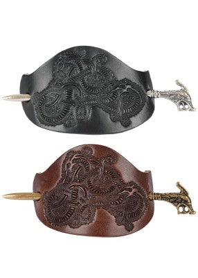 Viikinkiaikainen nahkainen hiuskoriste Hedeby, hiusneulalla