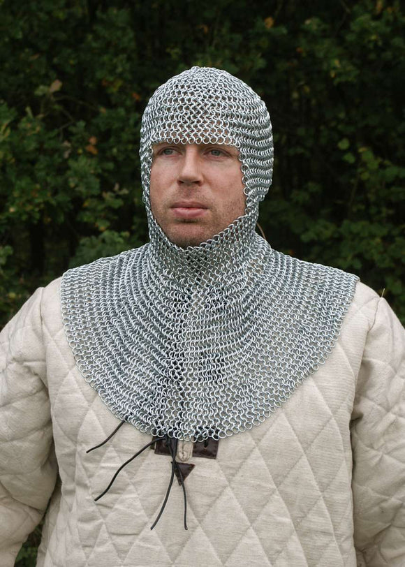 Rengaspanssarihuppu, Chain mail coif, full mantle, square face, butted MS, ID8mm, zinc-plated